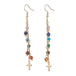 Cross Болтаться серьги природный драгоценный камень, с 304 крючками для сережек из нержавеющей стали и 304 подвесками из нержавеющей стали, золотые, крестик, 81x7 мм