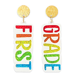 Разноцветный Серьги-гвоздики из акрила с подвесками, прямоугольник со словом, золотые, красочный, 45 мм