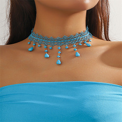 Светло-Голубой Готический стиль паутина кружево сплав со стеклянной каплевидной кисточкой колье чокер для женщин, Небесно-голубой, 13.39 дюйм (34 см)