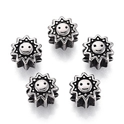 Античное Серебро 304 бусины европейского стиля из нержавеющей стали с крупными отверстиями, солнце и улыбающееся лицо, античное серебро, 10x10x8 мм, отверстие : 4 мм