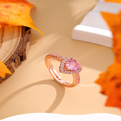 Розовое Золото Кольца-манжеты в форме сердца из латуни с микропаве из ярко-розового кубического циркония для женщин, розовое золото , 2~10 мм, внутренний диаметр: 17 мм