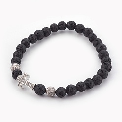 Lavastein Stretch-Armbänder aus natürlichem Lavastein, mit Messingmikro Zirkonia Perlen ebnen, Transparent, 2-1/8 Zoll (5.4 cm)