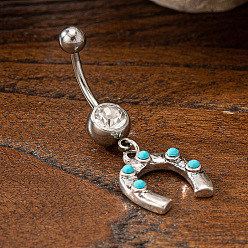 Другие Ковбойская тема 304 изогнутые кольца для живота в форме штанги из нержавеющей стали с паве из синтетической бирюзы, античное серебро, подкова, 42x15 мм