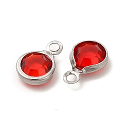 Red 304 Stainless Steel with Glass Charms, Stainless Steel Color, Faceted Flat Round, Red, 9.5x6.5x2mm, Hole: 1.5mm