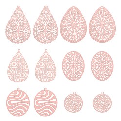 Pink 36 шт 6 стиль 430 филигранные подвески из нержавеющей стали, окрашеные, гравированные металлические украшения, слеза и слеза и плоской круглой формы, розовые, 22~40x20~28x0.3~0.5 мм, отверстие : 1~1.8 мм, 6 шт / стиль