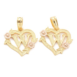 Letter W Настоящие 18 к позолоченные латунные подвески, сердце с алфавитом, буква.w, 18x20x3 мм, отверстие : 6.5x3 мм