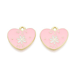 Pink Подвески из сплава с эмалью ко дню святого валентина, сердце прелести, золотые, розовые, 17x18x1 мм, отверстие : 1.8 мм
