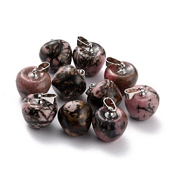 Родонит Природные подвески родонит, с петлями из платиновой латуни, яблоко, 14~15x14x14 мм, отверстие : 6x3 мм