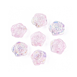 Perlas de Color Rosa Electroplate transparentes cuentas de vidrio hebras, camelia, color de ab chapado, medio chapado, rosa perla, 13x14x8~9 mm, agujero: 1~1.2 mm, sobre 60 unidades / cadena, 20.47 pulgada (52 cm)