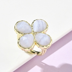 Синий Кружевый Агат Натуральные граненые кольца из голубого кружевного агата с регулируемым размером для женщин., клевер, латунные кольца для обшивки стойки, золотые, 17 мм