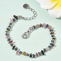 Турмалин Браслет для женщин из натуральных разноцветных турмалиновых крошек и немагнитных синтетических гематитовых бусин., с 201 нержавеющей сталью и 304 фурнитурой из нержавеющей стали, бусина : 3 мм и 3~3.5x3~7x3~7 мм, 7-1/4 дюйм (18.4 см)