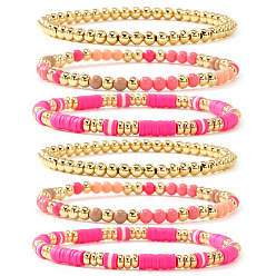 (52) Непрозрачная лаванда 6 шт. 6 стили: эластичные браслеты из пластика, латуни и полимерной глины в стиле бохо для женщин, золотые, разноцветные, 6.89 дюйм (17.5 см)