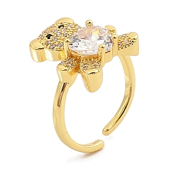 Прозрачный Открытые манжеты из латуни с микро-паве и кубическим цирконием для женщин, со стеклом, без кадмия, без никеля и без свинца, реальный 18 k позолоченный, медведь, прозрачные, 17x15.5 мм, внутренний диаметр: 18.5 мм