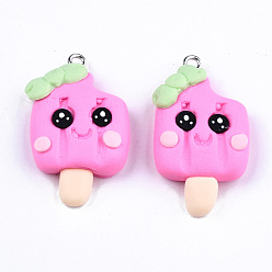 Hot Pink Handmade Polymer Clay Charms, with Platinum Tone Iron Findings, Ice Cream, Hot Pink, 32~33.5x19~20x7mm, Hole: 2mm