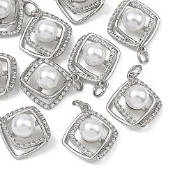 Platinum SHEGRACE Brass Pave Clear Cubic Zirconia Pendants, with ABS Imitation Pearl, Rhombus Charms, Cadmium Free & Nickel Free & Lead Free, Long-Lasting Plated, Platinum, 17x16x10mm, Hole: 3.5mm
