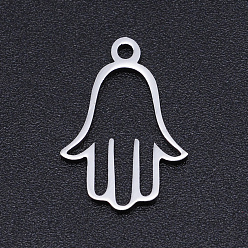 Edelstahl Farbe Anlaufgeschützt 201 Edelstahl-Anhänger mit Laserschnitt, Hamsa Hand / Hand von Fatima / Hand von Miriam, Edelstahl Farbe, 17x12x1 mm, Bohrung: 1.5 mm