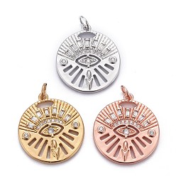 Mixed Color Brass Micro Pave Clear Cubic Zirconia Pendants, Long-Lasting Plated, with Jump Rings, Flat Round with Horse Eye, Mixed Color, 22x20x2mm
