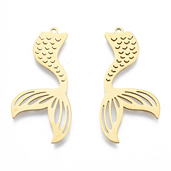 Настоящее золото 18K 201 подвески из нержавеющей стали, очарование русалки, реальный 18 k позолоченный, 39x18.5x1 мм, отверстие : 1.5 мм