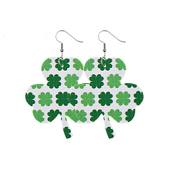 Зеленый Серьги-подвески из искусственной кожи ко Дню Святого Патрика, платина, клевер с узором, зелёные, 70x50 мм