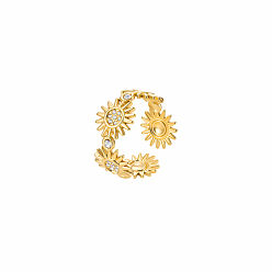 Golden Adjustable 304 Stainless Steel Micro Pave Cubic Zirconia Cuff Open Rings for Women, Flower, Golden, Adjustable