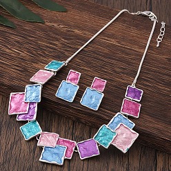 Разноцветный Комплекты квадратных ожерелий с подвесками из цинкового сплава и серег-гвоздиков, красочный, 420 мм