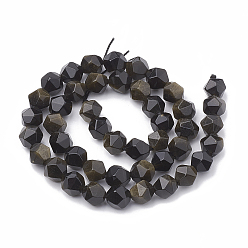 Golden Sheen Obsidian Natural Golden Sheen Obsidian Beads Strands, Star Cut Round Beads, Faceted, 10x9~10mm, Hole: 1mm, about 36~38pcs/strand, 14.2~14.6 inch