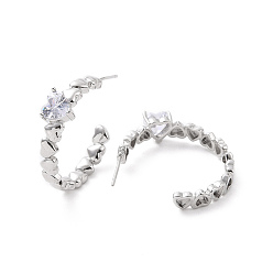 Платина Серьги-гвоздики из латуни с микропаве из кубического циркония, долговечные гальванические формы c с серьгой в форме сердца для женщин, без кадмия и без свинца, платина, 25.5x27x7 мм, штифты : 0.6 мм