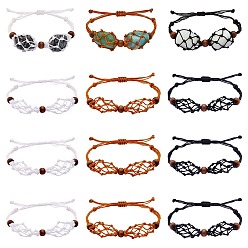 Mixed Color 12Pcs Adjustable Braided Nylon Cord Macrame Pouch Bracelet Making, Interchangeable 2 Stones, with Natural Wood Beads, Mixed Color, Inner Diameter: 1-7/8~3-1/4 inch(4.7~8.4cm)