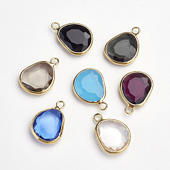 Mixed Color Brass Glass Pendants, Golden, teardrop, Faceted, Mixed Color, 18x13x3.5~4mm, Hole: 2mm