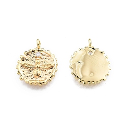 Real 18K Gold Plated Brass Micro Pave Clear Cubic Zirconia Pendants, Flat Round with Bee, Real 18K Gold Plated, 15x13x3mm, Hole: 1.4mm