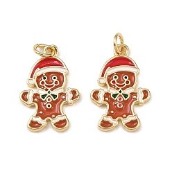 Gingerbread Man Рождественские латунные эмалевые подвески, с прыжковых колец, без свинца и без кадмия, долговечный, стойки покрытие, реальный 18 k позолоченный, Колобок, 21x14x2 мм, отверстие : 3 мм