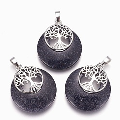 Синий Драгоценный Камень Синтетический синий авантюрин подвески, с латунной фурнитурой платинового цвета, плоские круглые с дерева жизни, 32.5~33x27.5~28x5~6 мм, отверстие : 5x7 мм