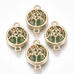 Lime green Glasverbindungsstecker, mit leicht vergoldeten Legierungsbefunden, flach rund mit Baum, lime green, 13.5x19.5x5.5 mm, Bohrung: 1.6 mm