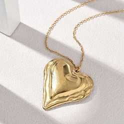 Real 18K Gold Plated Valentine's Day 304 Stainless Steel Textured Pendant Necklaces, Heart, Real 18K Gold Plated, 15.94 inch(40.5cm)