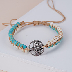 Синтетическая Бирюза Синтетические бирюзовые круглые плетеные браслеты из бисера, сплав древо жизни браслеты для мужчин и женщин, античное серебро, 6-3/4 дюйм (17 см)
