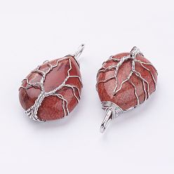 Красный Камень Природные красной яшмы подвески, с латунной фурнитурой , слеза, платина, 44~46x26x12~13 мм, отверстие : 4x7 мм