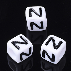 Letter N Acrylic Horizontal Hole Letter Beads, Cube, Letter N, White, Size: about 7mm wide, 7mm long, 7mm high, hole: 3.5mm, about 2000pcs/500g
