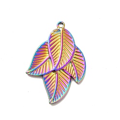 Rainbow Color Ion Plating(IP) 304 Stainless Steel Pendants, Leaf Charms, Rainbow Color, 32x21.5x1.5mm, Hole: 1.6mm