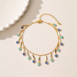 Blue Summer Beach Brass Enamel Heart Tassel Anklets for Vacation and Casual Wear, Golden, Blue, 8-1/4 inch(210mm)