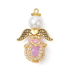 Фиолетовый Светящиеся подвески-ангелы из стеклянных бусин ручной работы, с железной петлей, крылом из сплава и стеклянными бусинами, светится в темноте, фиолетовые, 30x20x12 мм, отверстие : 1.4 мм