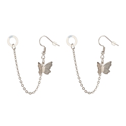 Stainless Steel Color Tarnish Resistant Anti-Lost Earring for Wireless Earphone, Butterfly Dangle Earrings with Hanging Chain for Women, Stainless Steel Color, 98mm, Pin: 0.7mm