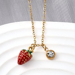 Клубника 304 ожерелья из нержавеющей стали с красной эмалью для женщин, с кристально горный хрусталь, реальный 18 k позолоченный, клубника, 15.94 дюйм (40.5 см), Кулон : 14x8.5x8 мм