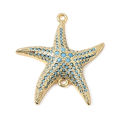 Sky Blue Brass Micro Pave Cubic Zirconia Connector Charms, Starfish Links, Rack Plating, Long-Lasting Plated, Cadmium Free & Lead Free, Real 18K Gold  Plated, Sky Blue, 29x26x4.5mm, Hole: 1.5mm