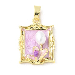 Rectangle Латунь эмаль подвески, с абс пластмассовой имитационной жемчужиной, долговечный, без кадмия и без свинца, стойки покрытие, реальный 18 k позолоченный, цветок, прямоугольные, 25x18.5x7 мм, отверстие : 6.4x3 мм