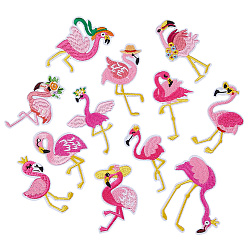 Cerise 12Pcs Polyester Embroidery Cloth Iron On Patches, Costume Accessories, Flamingo Shape, Cerise, 68~72x40~70x1~1.5mm