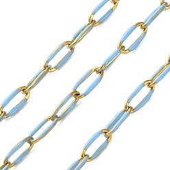Светло-Голубой 304 Эмалированные кабельные цепи из нержавеющей стали, пайки, с катушкой, ионное покрытие (ip), реальный 18 k позолоченный, Небесно-голубой, 6.5x3x0.5 мм, около 32.81 футов (10 м) / рулон