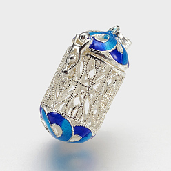 Серебро Латунные подвески коробки молитве, с эмалью, колонка, серебряный цвет гальваническим, 29x19x14 мм, отверстие : 3.5x6.5 мм