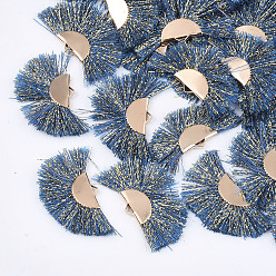 Steel Blue Polyester Tassel Pendants, with Metallic Cord and Iron Findings, Fan Shape, Golden, Steel Blue, 17~20x30~34x2.5mm, Hole: 3x1mm