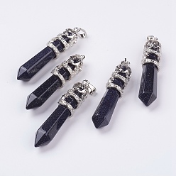 Blue Goldstone Synthetic Blue Goldstone Big Pointed Pendants, with Alloy Findings, Faceted, Bullet, Platinum, 59~63x11~12mm, Hole: 4x7mm