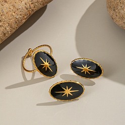 Настоящее золото 18K 304 регулируемые открытые манжеты из нержавеющей стали для женщин, с эмалью, овальной формы с узором звезды, ионное покрытие (ip), реальный 18 k позолоченный, регулируемый, 21x12.5 мм